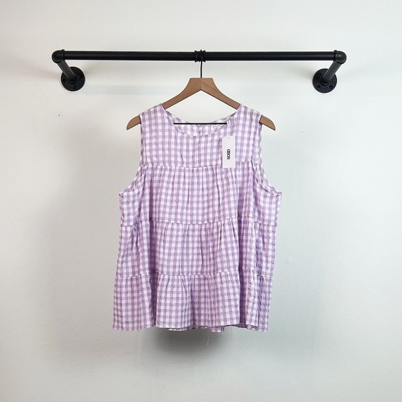 NWT ASOS Tiered Sleeveless Gingham Blouse in Purple & White - Picture 5 of 8